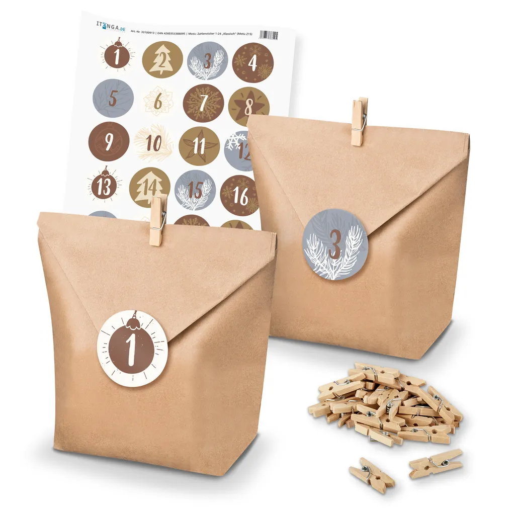 Itenga Adventskalender Set 15 Geschenktüten + Klammern + Sticker
