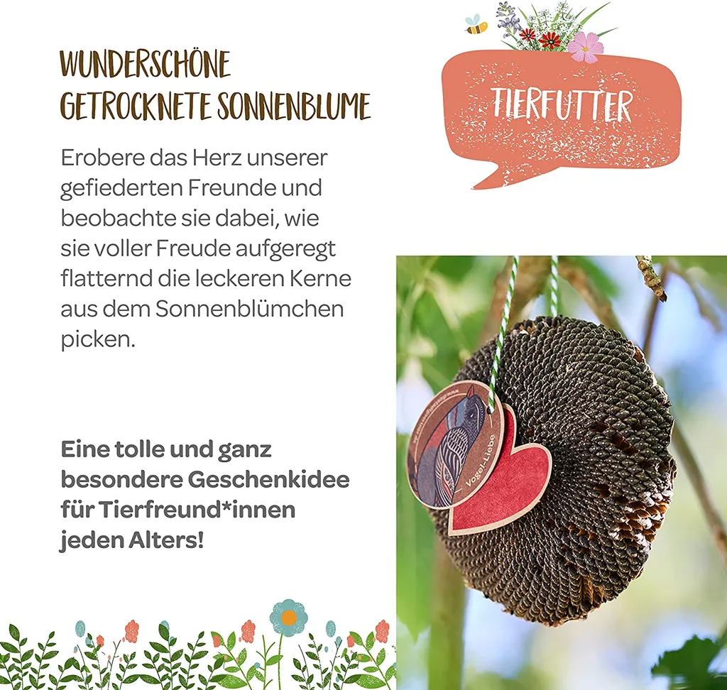 Die Stadtgärtner Sonnenblümchen I Schönes Vogelfutter Zum Verschenken I Getrocknetes Sonnenblumenköpfchen Zum Aufhängen I Vögel Füttern & Beobachten I Liebevoll Verpackt In Handarbeit In Deutschland – Bild 4