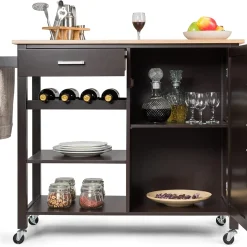 COSTWAY Küchenwagen Auf Rollen, Kücheninsel Mit Schublade, Weinregal, Offene Regale & Handtuchhalter, Platzsparender Servierwagen, Für Küche, Esszimmer, Bar, Braun