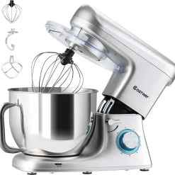 COSTWAY 1400W Küchenmaschine Edelstahl, 6 Stufen Knetmaschine, Rührmaschine 7L Teigmaschine Mit Griff, Inkl. Schneebesen, Knethaken, Rührbesen & Spritzschutz, Silber