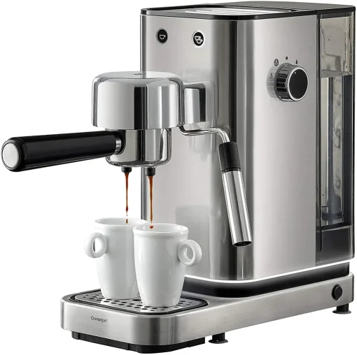 WMF Lumero Siebträger Espressomaschine 1400 Watt, 3 Einsätzen, Für 1-2 Tassen Espresso, Auch Für Pads, 15 Bar, Tassenabstellfläche, Milchaufschäumdüse, Edelstahl Matt