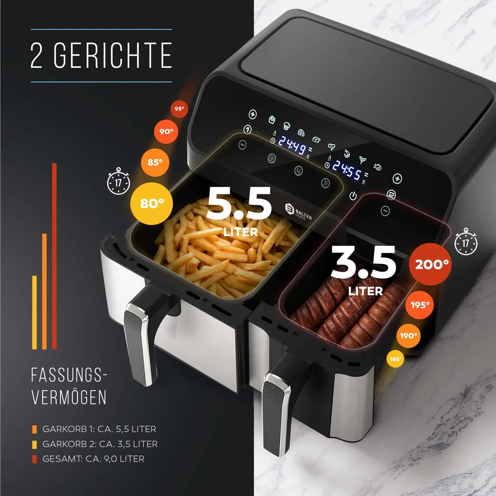 BALTER Heißluftfritteuse Mit Doppelkammer HL-850D, 9L (5,5L + 3,5L), 2 Speisen Gleichzeitig, 9 Programme , Friteuse Ohne Öl, Dual Zone, Airfryer, Heis – Bild 2