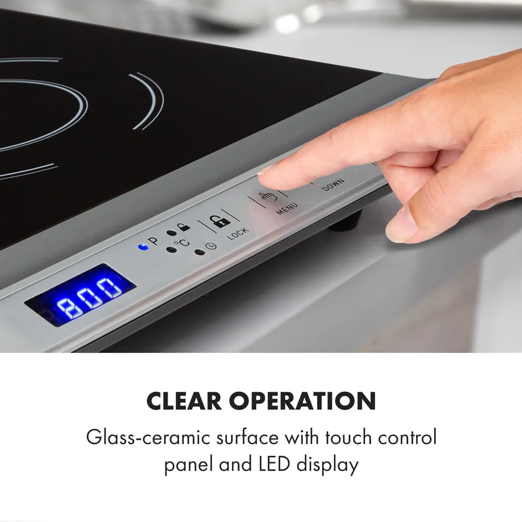 Klarstein Cucinata Mobile Kochplatte, Doppel-Induktionskochfeld, 3100W, Touch Control, Topfsensor, Abschalttimer, 10 Stufen, Überhitzungsschutz, Kindersicherung, Glaskeramik, Silber – Bild 4