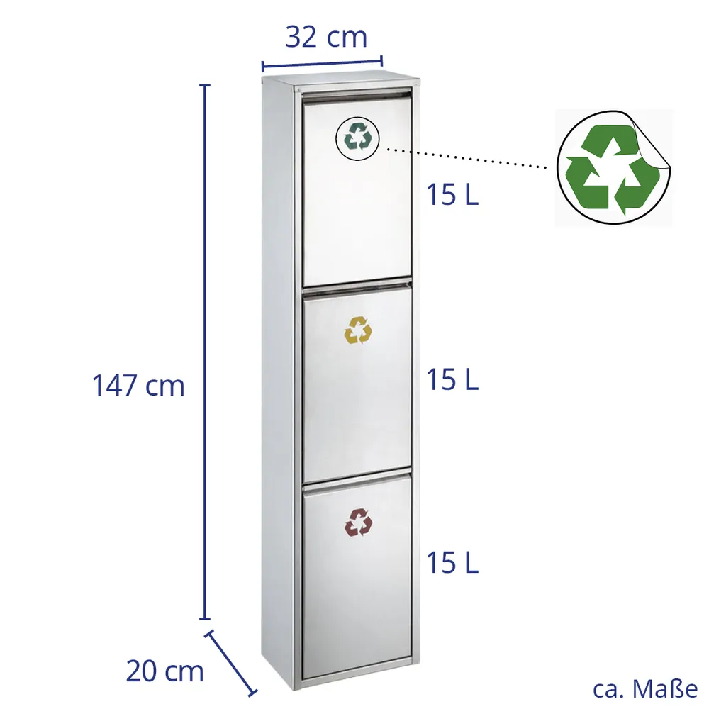 SVITA V3X15 Mülleimer 45 Liter 3x15L Standeimer Edelstahl Mülltrennung Silber Papierkorb Wand-Halterung Aufbewahrung – Bild 6
