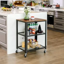 VASAGLE Servierwagen Auf 4 Rollen | Küchenwagen Aus Holz Metall Rollwagen Küchenregal Schwarz Vintage LRC78X