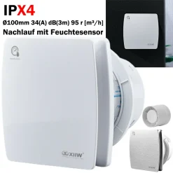 XIIW Badlüfter Nachlauffunktion Timer Ø 100mm Ventilator Mit Rückflussleitblech Wandlüfter Luftzufuhr 95r [m³/h] Weiß