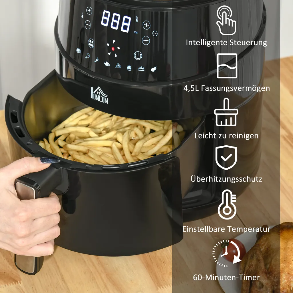 HOMCOM Heißluftfritteuse 4,5 L 1500W Mit 8 Menüs LED-Display Antihaftbeschichteter Fritterkorb Für Gesundes ölfreies Fettarmes Kochen Schwarz 28 X 35,1 X 33 Cm – Bild 4
