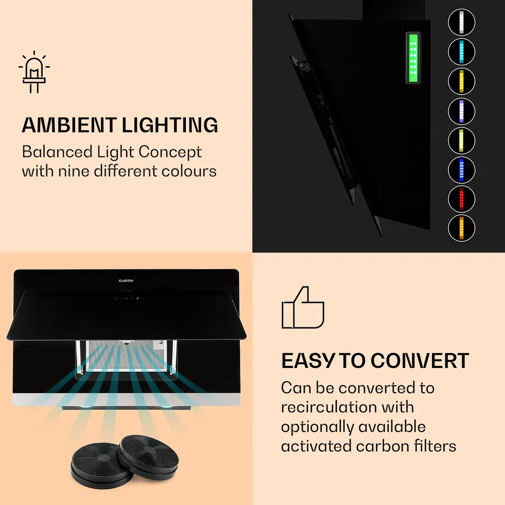 Klarstein Aurora Eco 90 Dunstabzugshaube 90 Cm , Abluftleistung: 550 M³/h , Kopffrei , Ambientelicht , EEC A+ – Bild 4