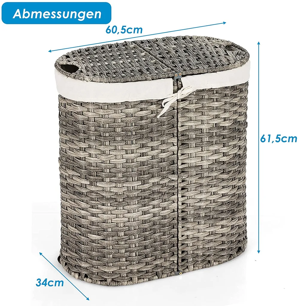 COSTWAY 110L Wäschekorb, Wäschebox Mit Deckel, Wäschesammler 2 Fächer, Wäschetruhe Mit Herausnehmbarem Wäschesack, Wäschebehälter – Bild 4