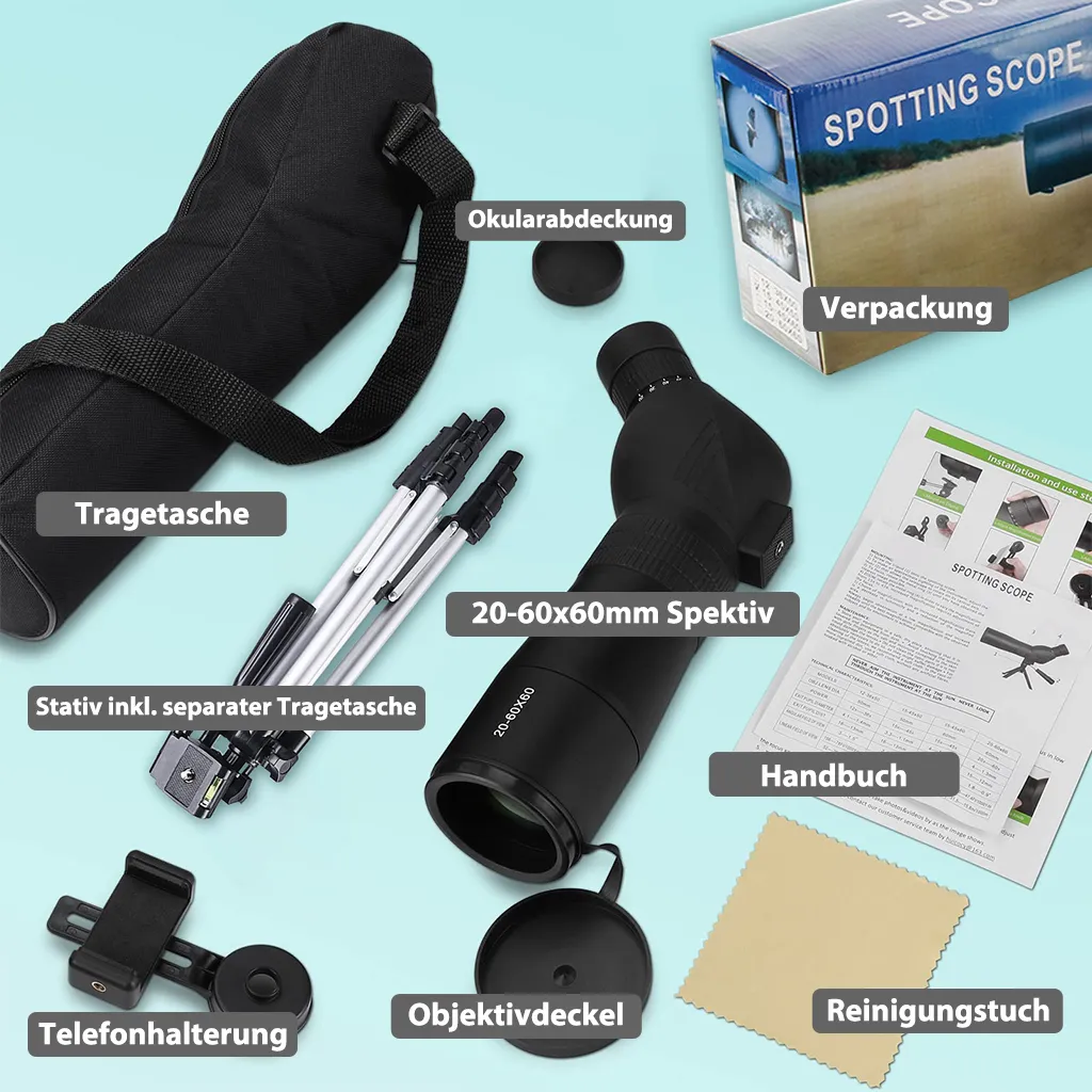 LMJK Spektiv 20-60x60 Zoom Inkl. Handyhalterung Und Vollwertigem Stativ, Hochauflösendes Zoomteleskop Für Vogelbeobachtung, Schießen Bzw. Jagd, Schwarz – Bild 4
