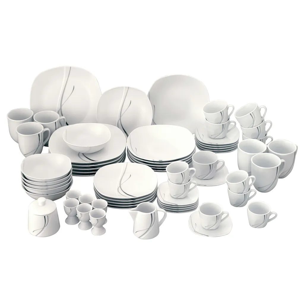 Van-Well Van Well Kombiservice Silver Night 62-tlg 6 Personen, Tafel + Kaffee + Zubehör, Linien-Dekor – Bild 2