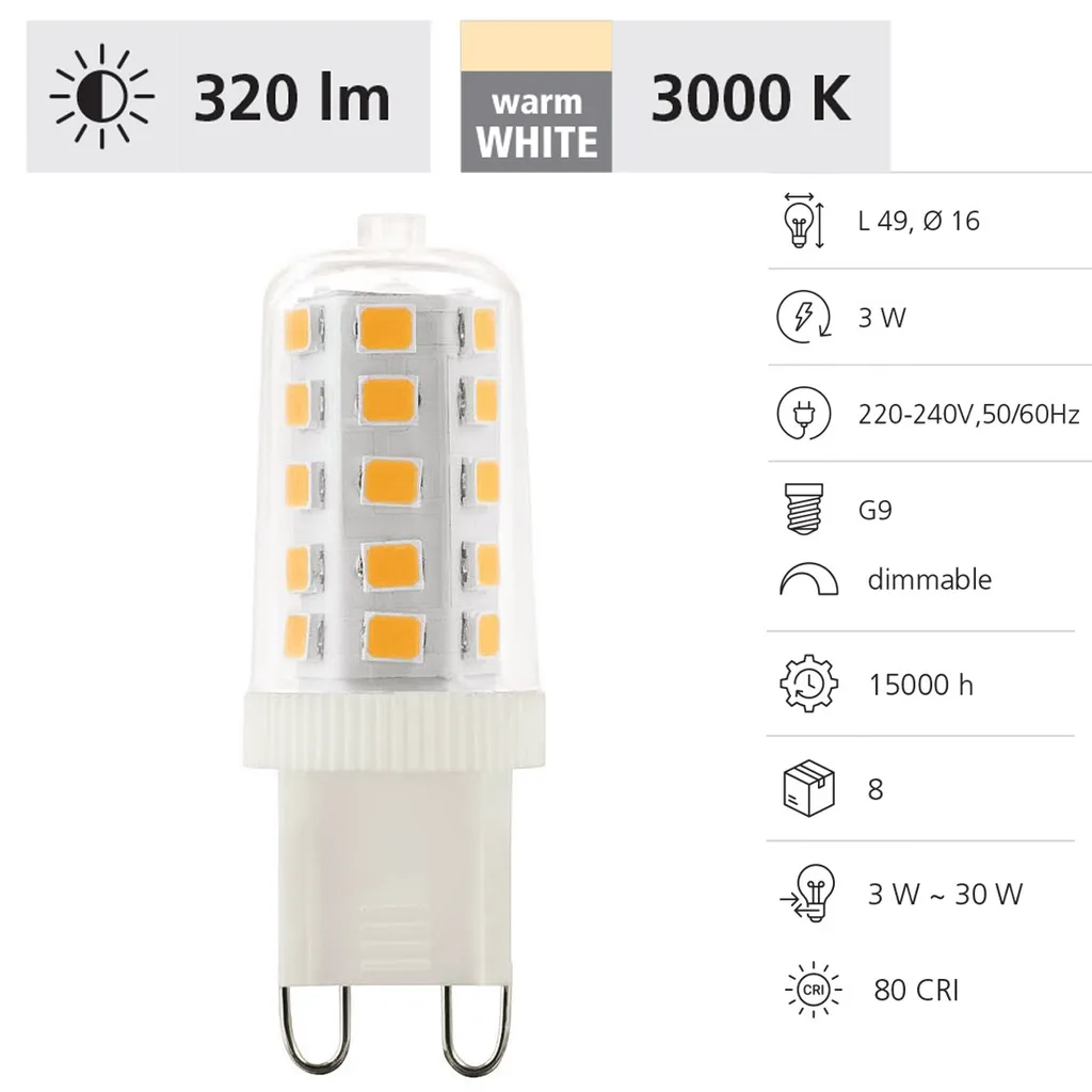 EGLO Leuchtmittel LED BI-PIN G9 L:4.9cm Ø:1.6cm Dimmbar 3000K - Warmweiß – Bild 2