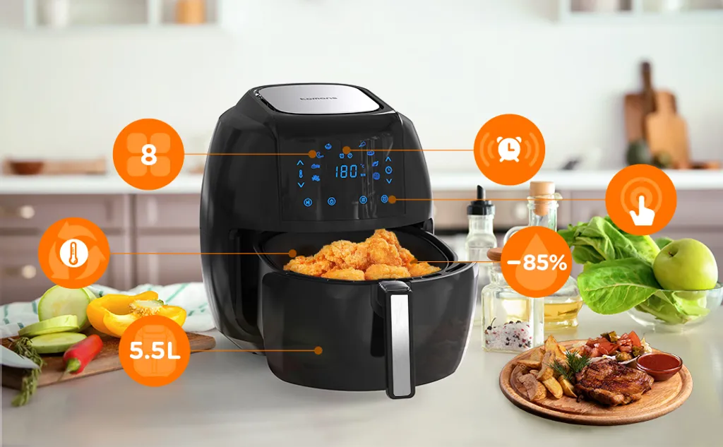 Tomons Heißluftfritteuse XXL 5,5 L Elektrofritteuse, 1800W, Airfryer Ohne Fett Und Öl, Friteuse Heißluft Mit 8 Voreinstellungen, Alarmtimer, Digitales Touch-Display, Frittierkorb Und Rezeptheft – Bild 11
