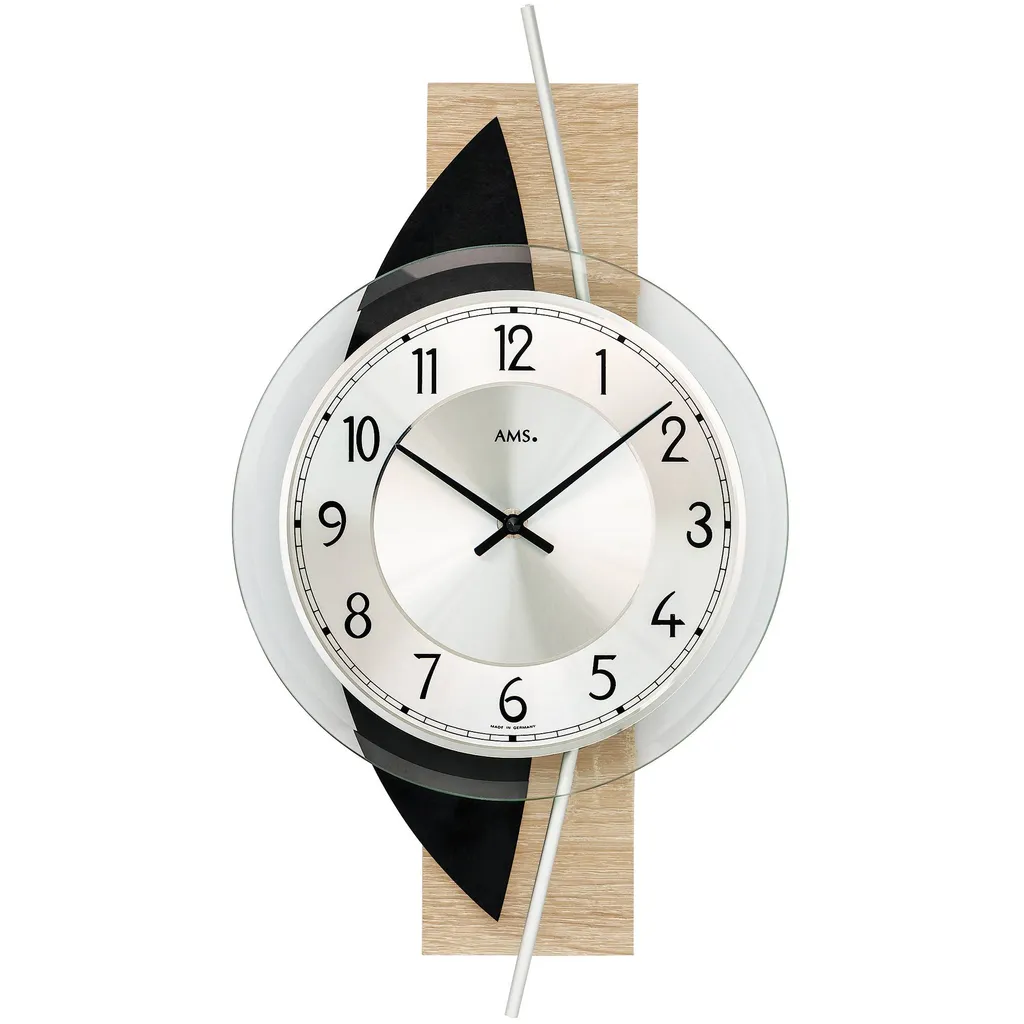 AMS 9551 Wanduhr Quarz Analog Modern Holz Sonoma Optik Mit Schiefer Und Glas