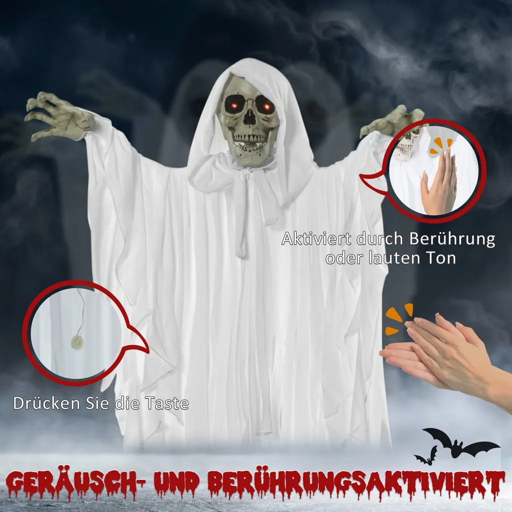 Outsunny 153 Cm Halloween Deko Horror Gespenst Hängend Geist Gespenst Augenglühen Mit Spezialeffekten Und Soundfunktion Weiß – Bild 6