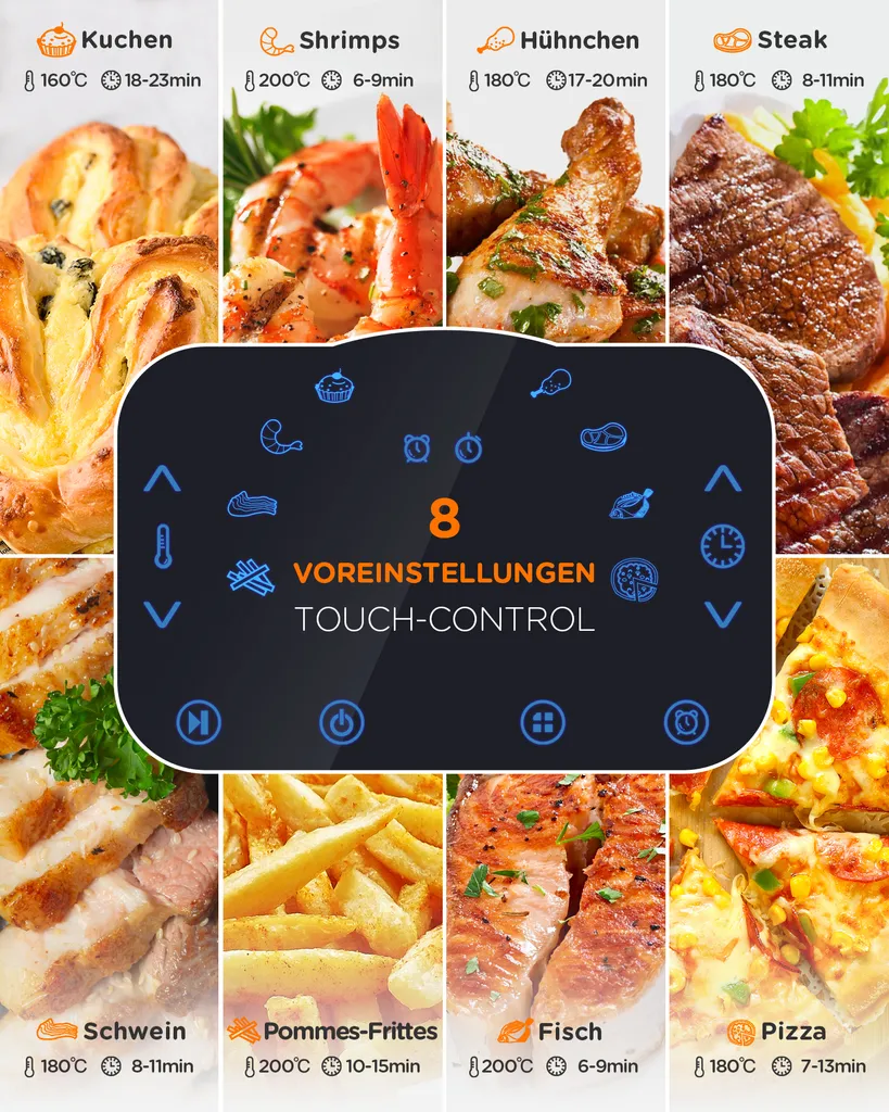 Tomons Heißluftfritteuse XXL 5,5 L Elektrofritteuse, 1800W, Airfryer Ohne Fett Und Öl, Friteuse Heißluft Mit 8 Voreinstellungen, Alarmtimer, Digitales Touch-Display, Frittierkorb Und Rezeptheft – Bild 3