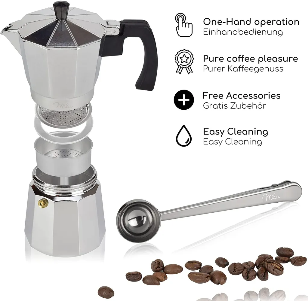 Milu Kids Milu Espressokocher (No Induktion) | 2, 3, 6, 9 Tassen | Aluminium Mokkakanne, Espressokanne, Espresso Maker Set Inkl. Untersetzer, Löffel, Bürste (Aluminium, 4 Tassen (300ml) – Bild 2