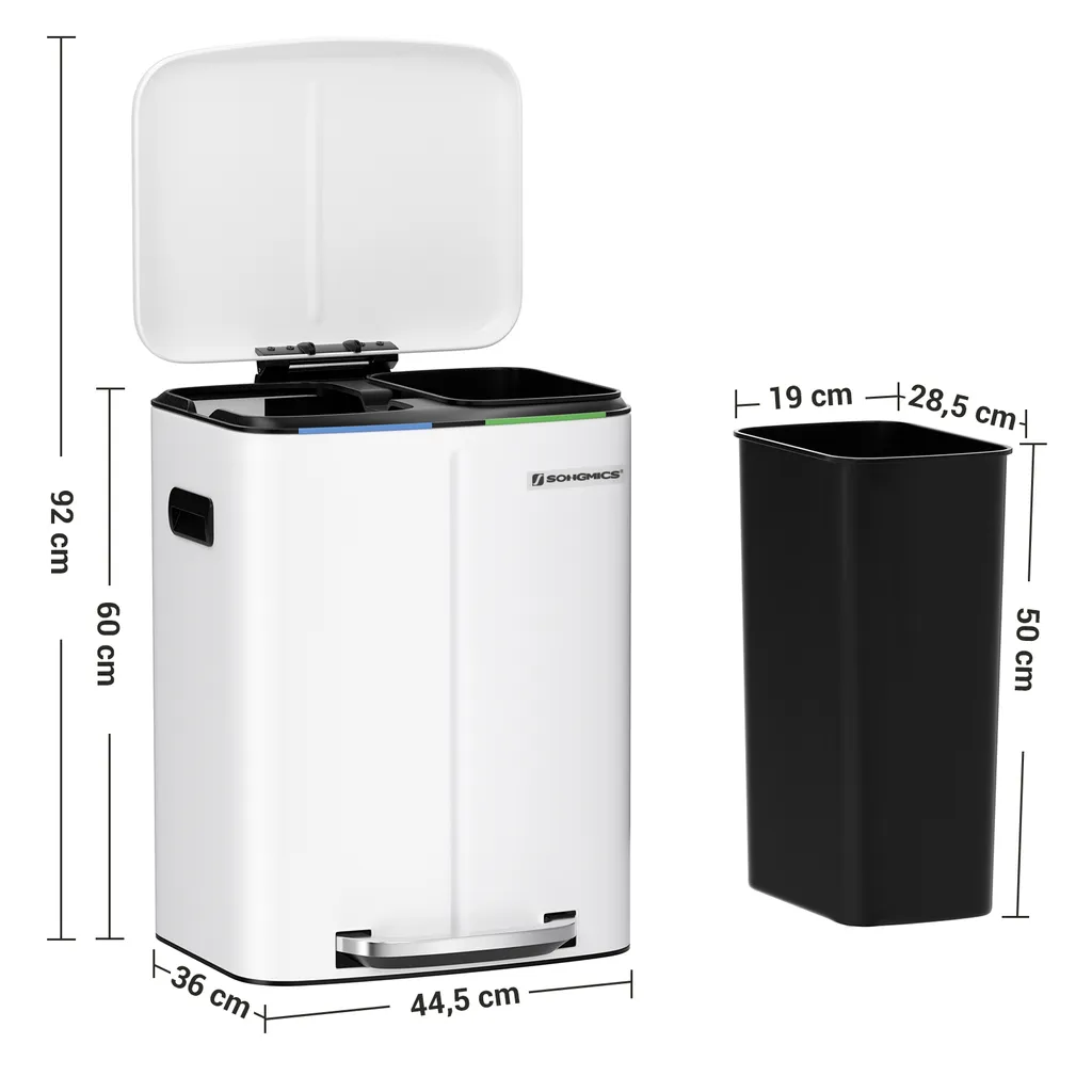 SONGMICS Mülleimer Mit 2 Fächern 40L Abfalleimer 2 X 20L Treteimer Aus Metall Mit Klappdeckel Und Griffen Softclose Luftdicht Weiß LTB40WT – Bild 2
