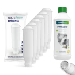 Espressomaschinen-Set: 6x AquaFloow MaxiClar Wasserfilter Für Krups Nivona Espressomaschine (Ersatz NIRF 700 / F088) + Wessper CleanMax Green Universal Entkalker Für Espressomaschine, Wasserkocher, Bügeleisen 500ml