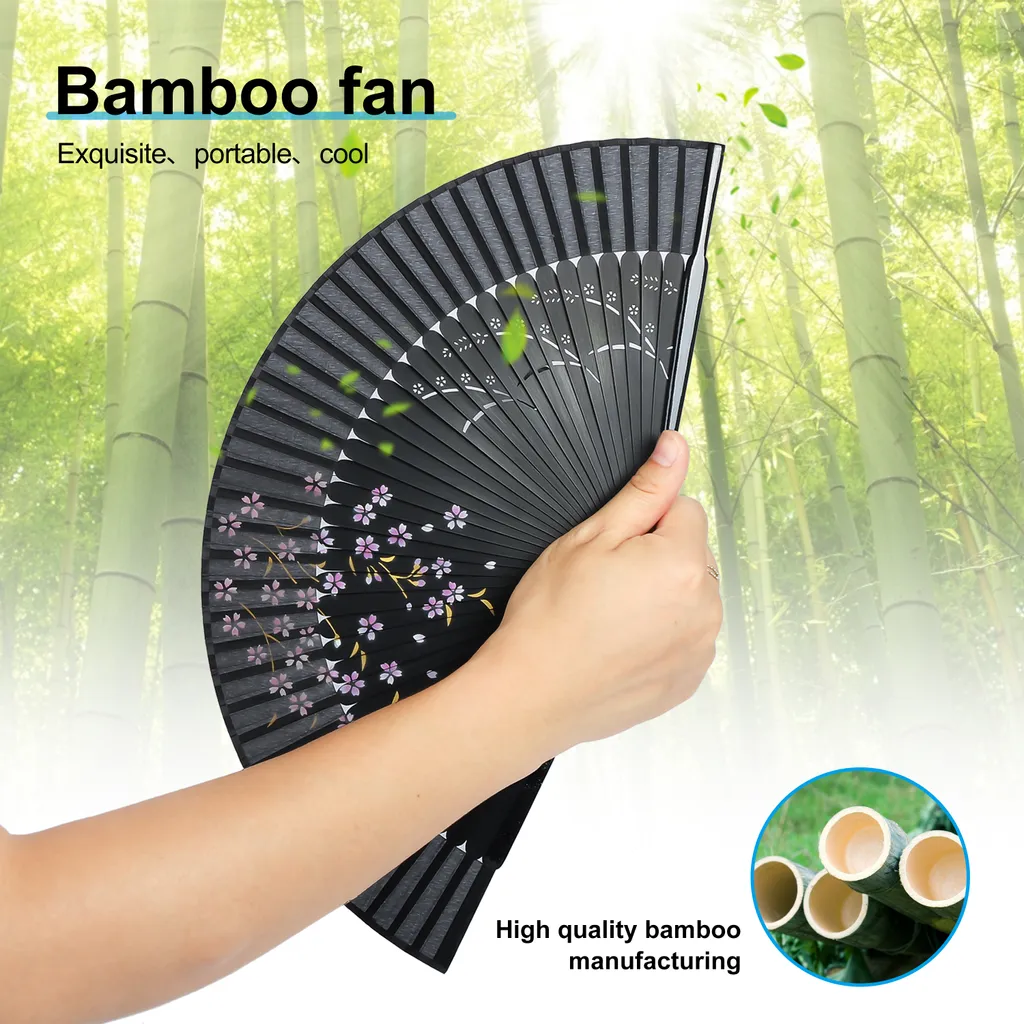 DeCio Service GmbH 2STK Handfächer Japanischer Faltfächer Klappfächer Vintage Stil Damen Herren Bambus Folding Fans Fächer Für Wanddekoration Hochzeit Geschenk Muttertag Party Kostüm - Schwarz – Bild 3