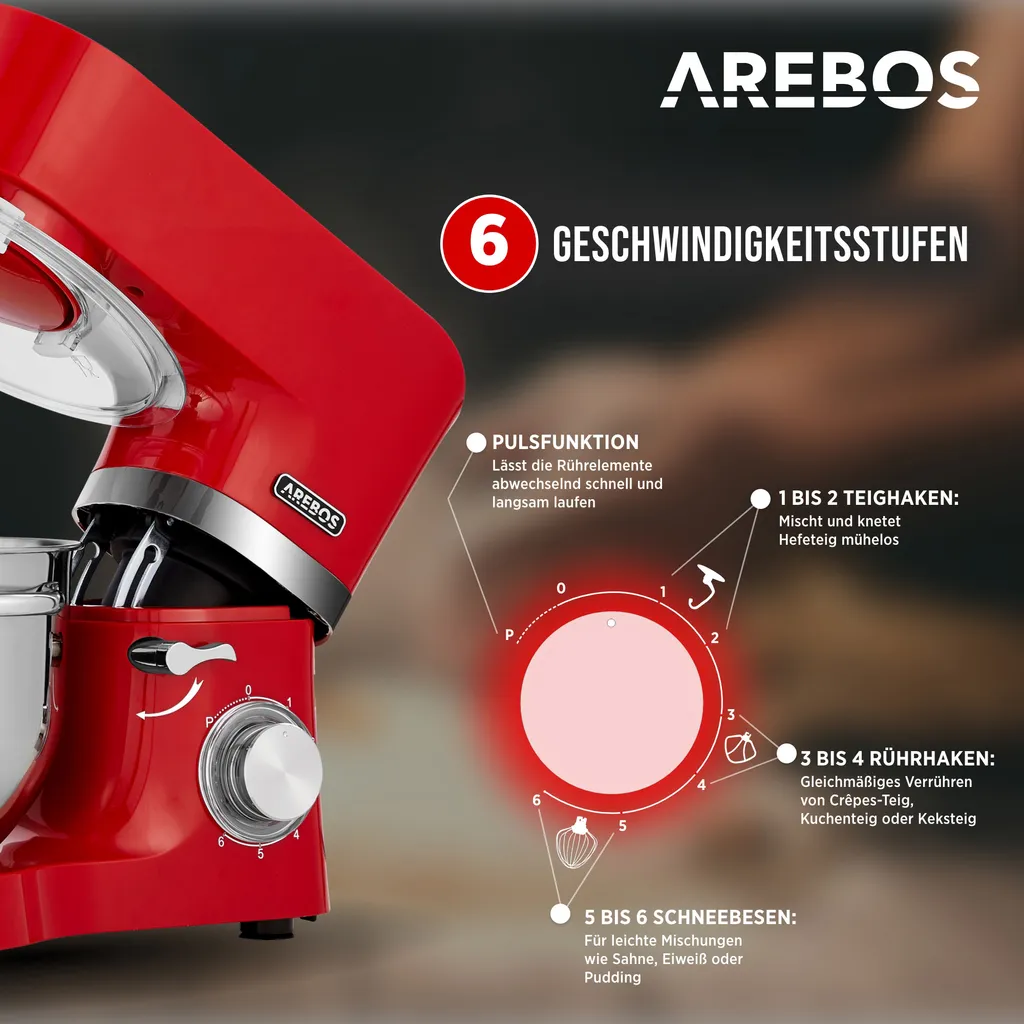 AREBOS 6-in-1 Küchenmaschine 1500W, Fleischwolf, Blender, Nudelmaschine, Knetmaschine Mit Edelstahl-Schüssel 5,5 L, Rot – Bild 6