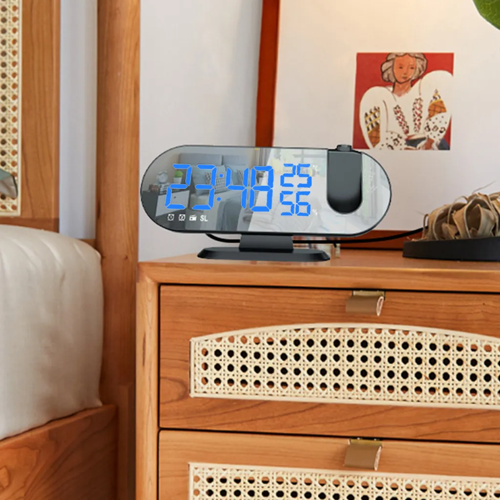 Mmgoqqt 2022 Projektor-Wecker Für Schlafzimmerdecke, Projektion, Digitaler Wecker, Radio Mit USB-Ladeanschlüssen, Dual-Wecker, Schlummermodell, 4 Dimmer, 18 Cm Großer Spiegel-LED-lauter Wecker,Blue – Bild 8