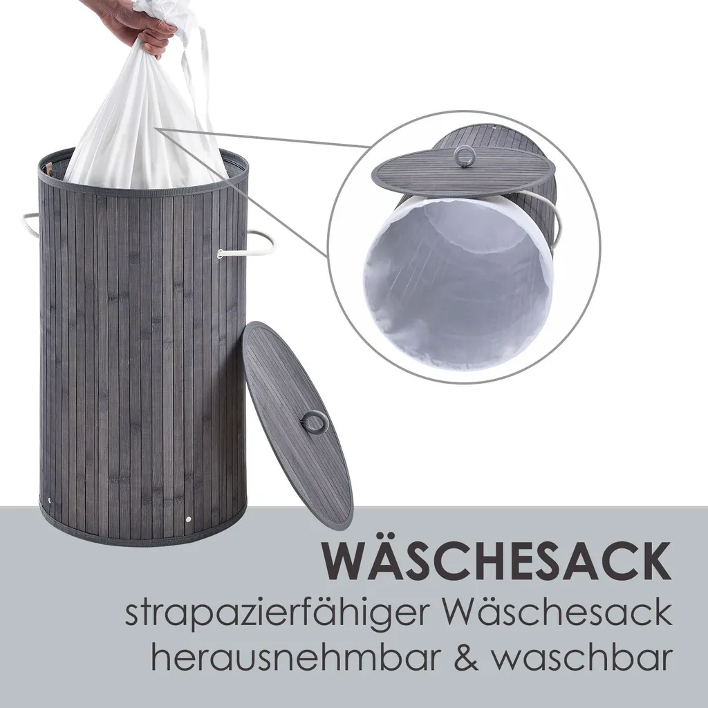 Juskys Bambus Wäschekorb Curly-Round – 55 Liter Volumen – Wäschesammler Mit Deckel, Tragegriffen & Stoff Wäschesack – 1 Fach Wäschebox – In Grau – Bild 6