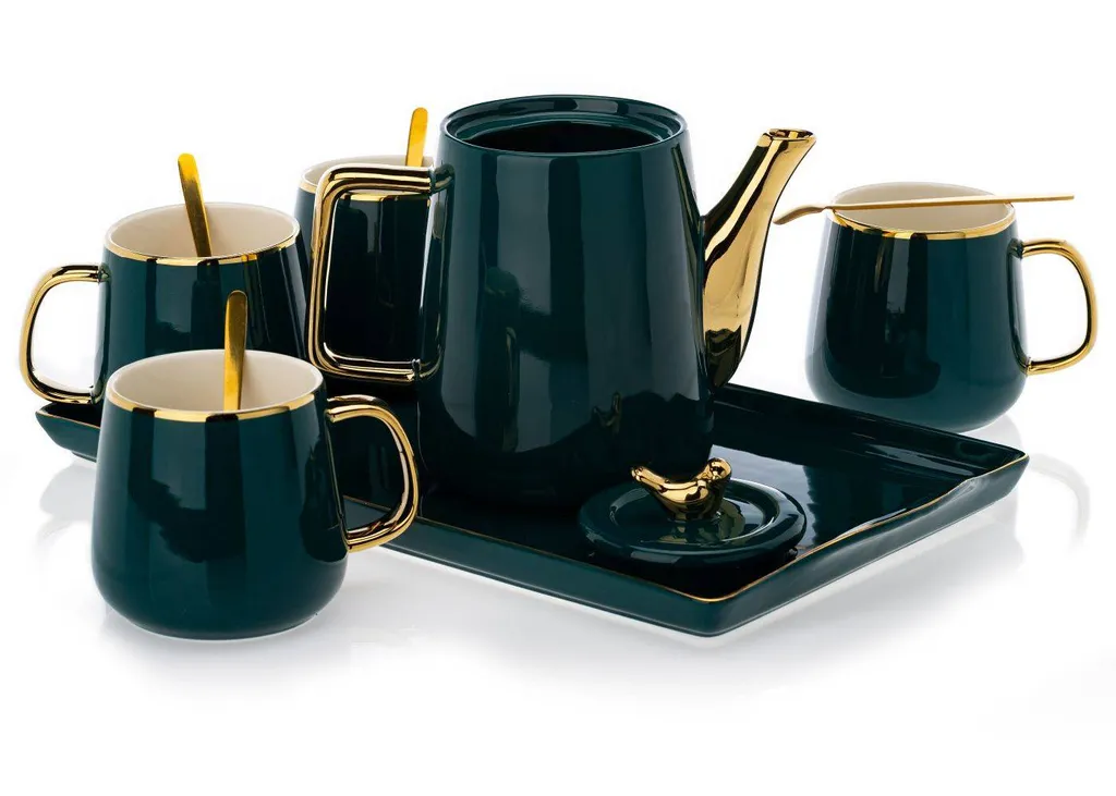 HowHomely Kaffeeservice Keramik 4 Personen - Teeservice 10-tlg. - Grün-Gold – Bild 4