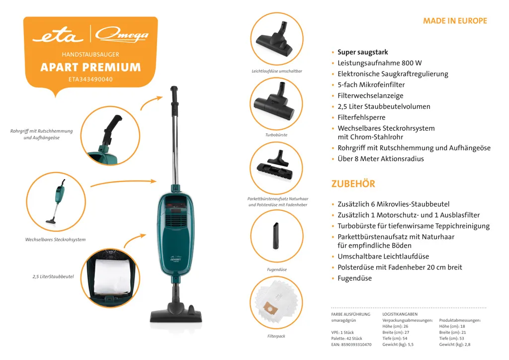 Omega APART PREMIUM, Stielstaubsauger ETA343490040, 800 Watt, Mit Beutel, Turbo- Und Parkettbürste, Umschaltbare Bodendüse, Polster- Und Fugendüse – Bild 20