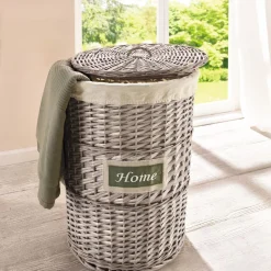 Frank-Flechtwaren Wäschekorb "Home", Wäschesammler, Wäschepuff, Weide, Grau, Mit Ausschlag