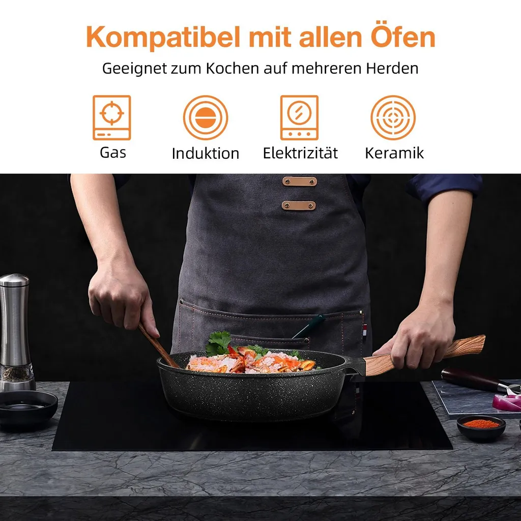 Daynee Antihaft Bratpfanne 28cm Bratpfanne Induktion Mit Echten Steinpartikeln Pfanne Mit Deckel Bratpfanne Geeignet Für Induktion, Gasherde, Elektro – Bild 5