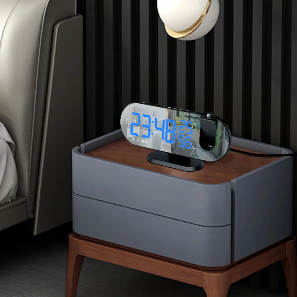 Mmgoqqt 2022 Projektor-Wecker Für Schlafzimmerdecke, Projektion, Digitaler Wecker, Radio Mit USB-Ladeanschlüssen, Dual-Wecker, Schlummermodell, 4 Dimmer, 18 Cm Großer Spiegel-LED-lauter Wecker,Blue – Bild 7