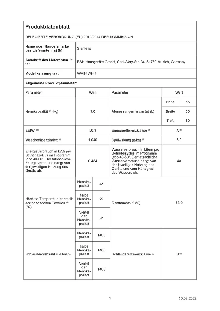Siemens IQ800, Waschmaschine, Frontlader, 9 Kg, 1400 U/min. WM14VG44 – Bild 6
