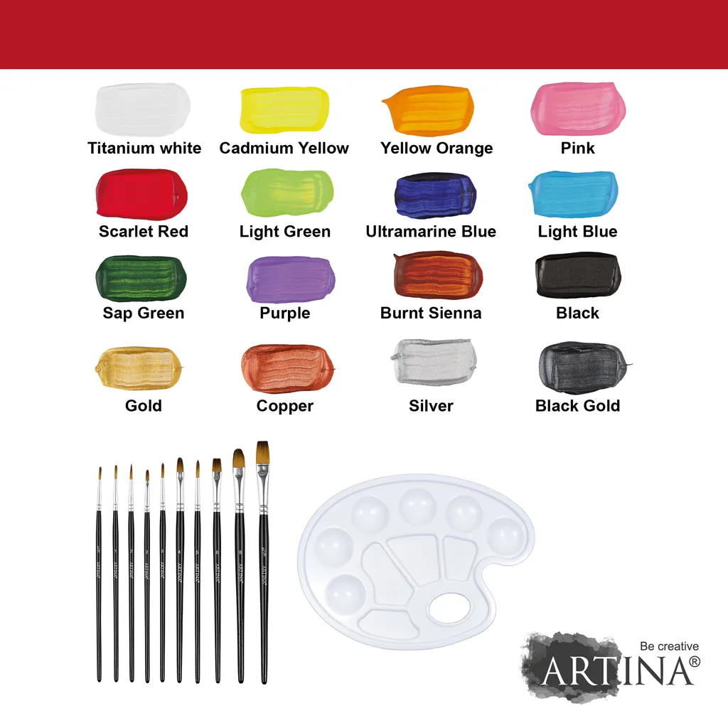 Artina Acrylfarbenset Mit 4 Metallic Acrylfarben Bergamo (27tlg) – Bild 3