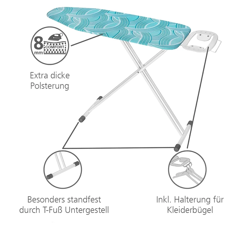 WENKO Bügelbrett Advance, Dampfbügelgeeignet, Höhenverstellbar 73-95 Cm, 120 X 42 Cm Bügelfläche, Bügeltisch Mit 8 Mm Polsterung | Inkl. 2er Set Reinigungsschwämme Gratis – Bild 4