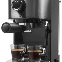 Bestron Espressomaschine Für 2 Tassen, Kolbenmaschine Mit Schwenkbarer Dampfdüse, Inkl. Integriertem Tassenwärmer, Herausnehmbarem Wassertank & 15 Bar Pumpendruck, 1.450 Watt, Farbe: Silber