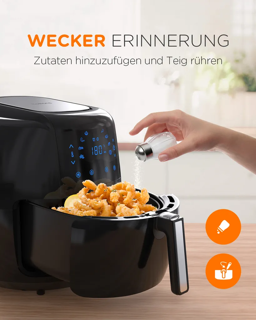 Tomons Heißluftfritteuse XXL 5,5 L Elektrofritteuse, 1800W, Airfryer Ohne Fett Und Öl, Friteuse Heißluft Mit 8 Voreinstellungen, Alarmtimer, Digitales Touch-Display, Frittierkorb Und Rezeptheft – Bild 5