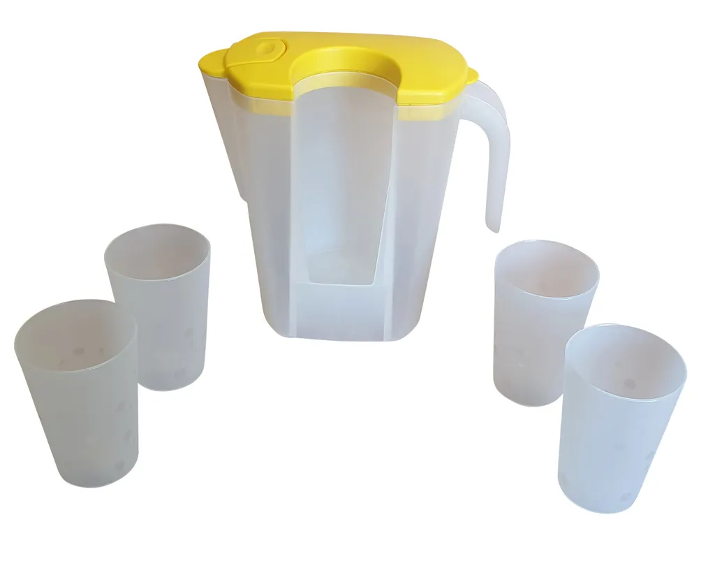 Rival Saftkrug Mit 4 Trinkbechern Pendel-Ausguss Karaffe Mit Deckel Saftkanne, Farbe:gelb – Bild 2