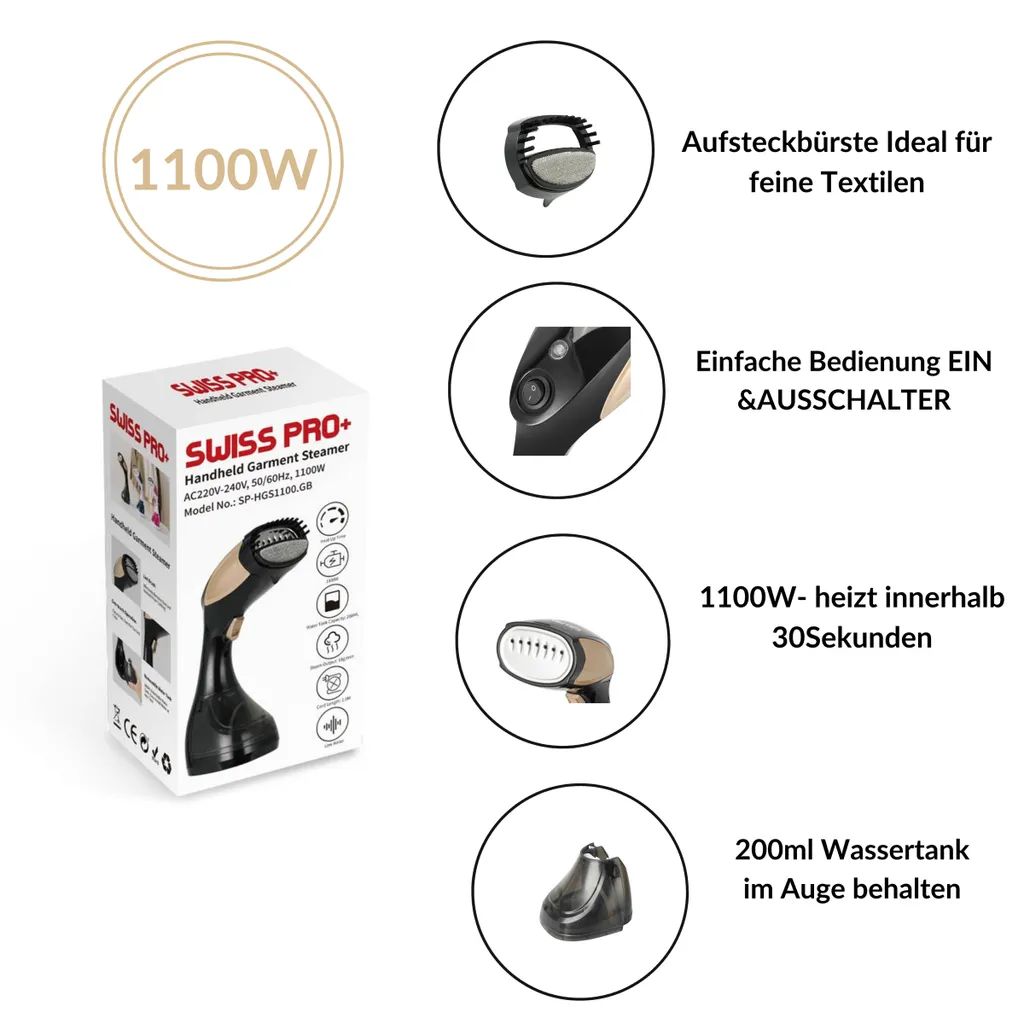 Swiss Pro+ Swiss Pro Streamer Schwarz Dampfglätter 1100W-200ml Tragbares Handbügeleisen Für Reise & Zuhause – Bild 2