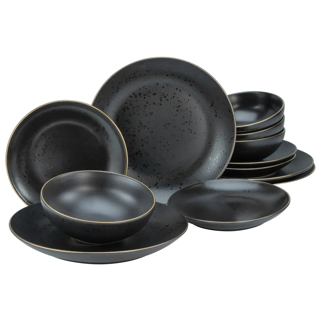 Creatable Porzellanhaus CreaTable 22707 Tafelservice Industrial Gold BLACK Für 4 Personen, Steinzeug, Schwarz (1 Set, 12-teilig)