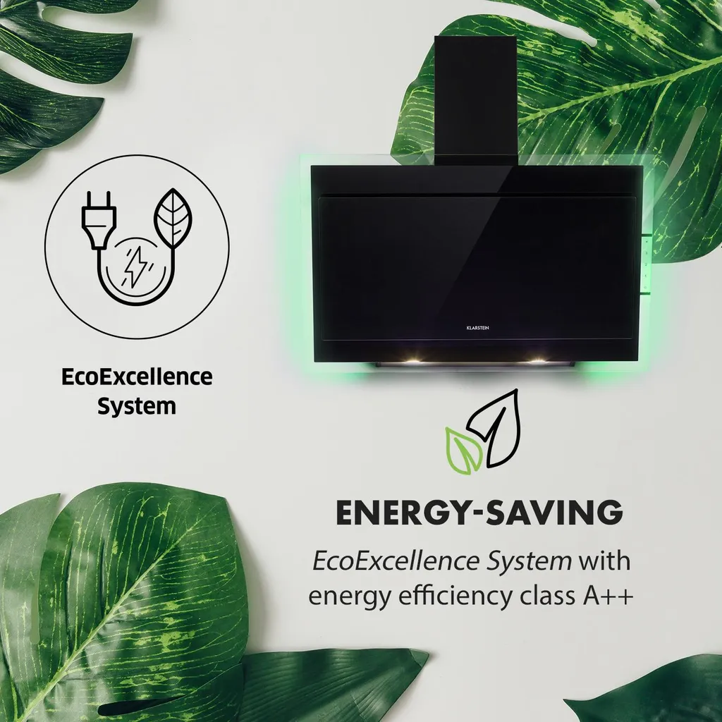 Klarstein Mirage 60 Dunstabzugshaube Kopffreihaube Wandabzugshaube , 60 Cm , Abluftleistung: 550 M³/h , ClearTouch Control: Seitlich Integrierte Touch-Steuerung , Eco Excellence: Energieeffizienzklasse A++ , Balanced Light Concept Mit 9 Verschiedenen RGB-Farben Als Ambientelicht , Kann Auf Umluftbetrieb Umgerüstet Werden , Zuschaltbare Beleuchtung , Schwarz – Bild 5