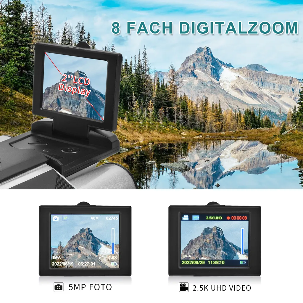 AnseeDirect Fernglas Mit Kamera, Fernglas Für Erwachsene Kinder 10-Fach Zoom 2" LCD Display 10x25 2.5K Video Camcorder Mit 8GB SD Karte Feldstecher Für Reisen Vogelbeobachtung Jagd Konzerte – Bild 2