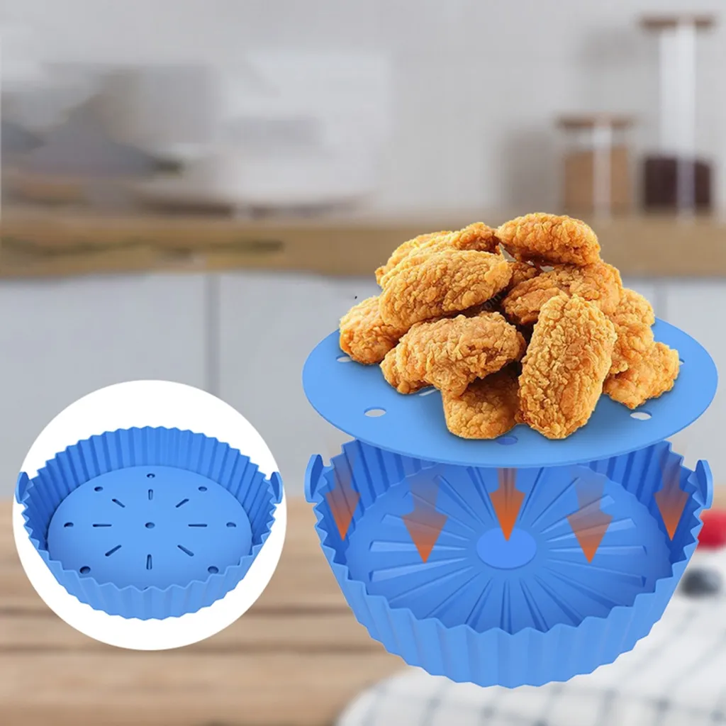 Stretoey 2er/set Silikon Heißluftfritteuse Korb, Backform + Isolations Pad, Küchenzubehör, Blau – Bild 2