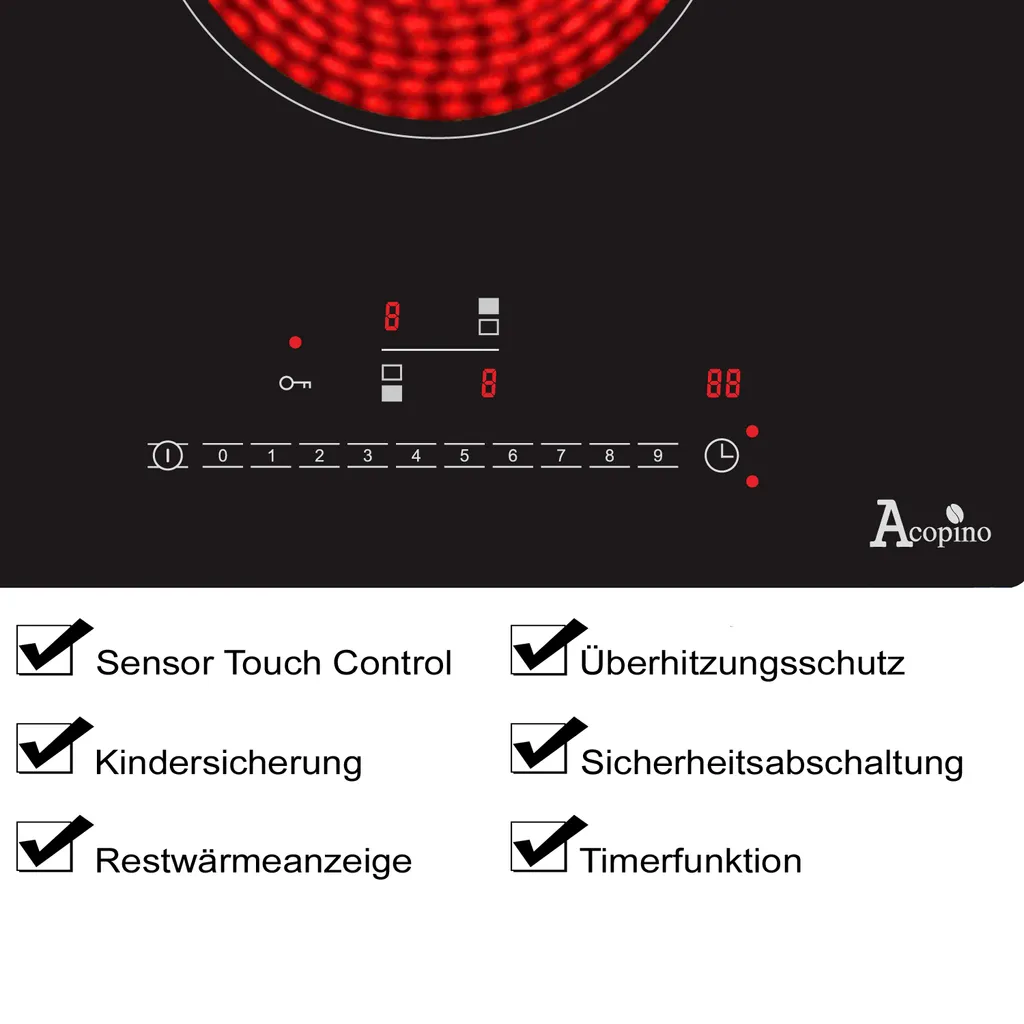 Acopino Glaskeramik Kochfeld Autark Einbaukochfeld KM2 Mit Sensor Touch Control, Zwei Kochzonen – Bild 7