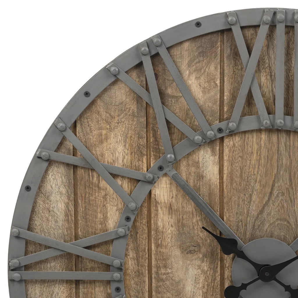WOMO-DESIGN Große Wanduhr Mit Römische Ziffern, Ø 76 Cm, Grau/Natur, Aus Eisen Und Mangoholz, Im Vintage-Stil, Lautlos, Ohne Tickgeräusche, Designuhr Dekouhr Dekorative Uhr – Bild 3