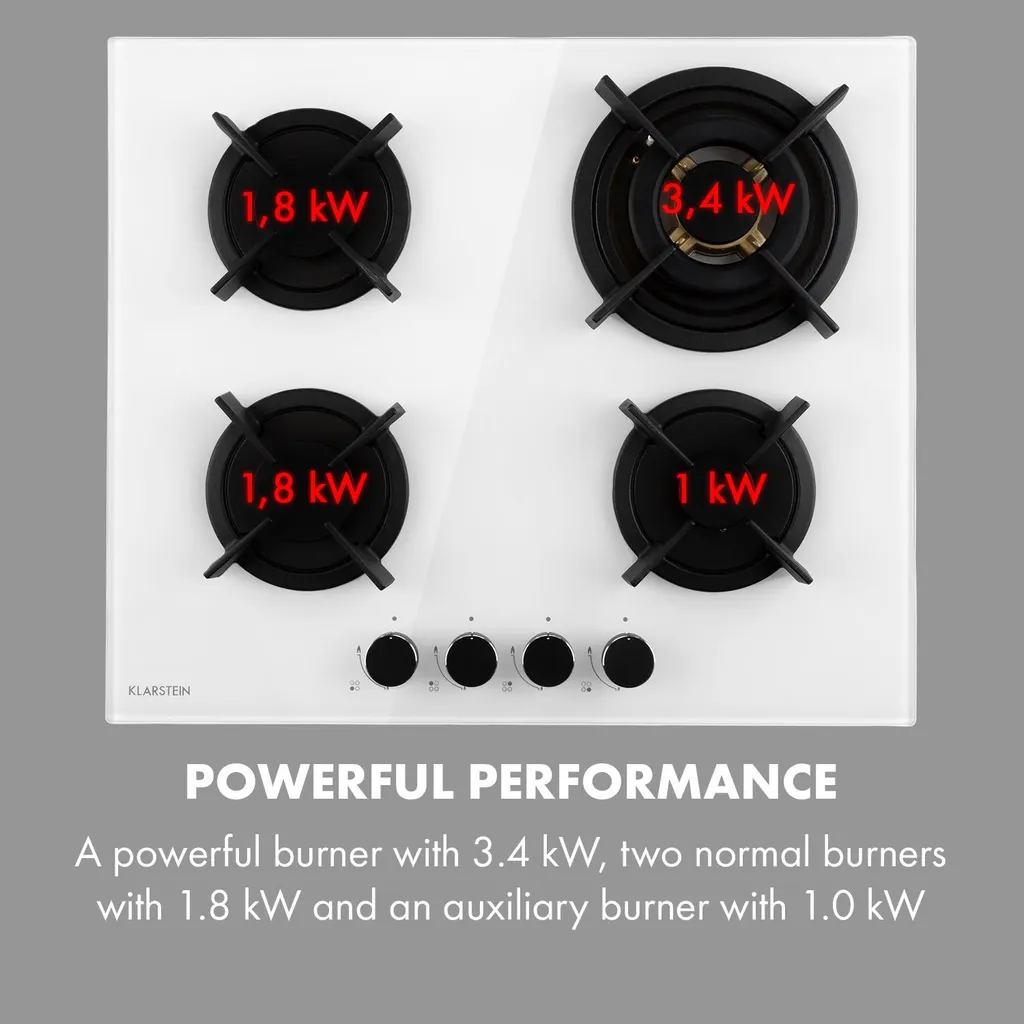 Klarstein Goldflame 4 Gaskochfeld , 4-flammig , Autark , 60 Cm , Einbau , Messing-Brenner , Erdgas/Propangas , Sicherheitsventile , Automatische Abschaltung , Topfträger Aus Gusseisen , Inkl. Schlauch Und Druckminderer , Glaskeramik Ø 8 Mm , Weiß – Bild 6