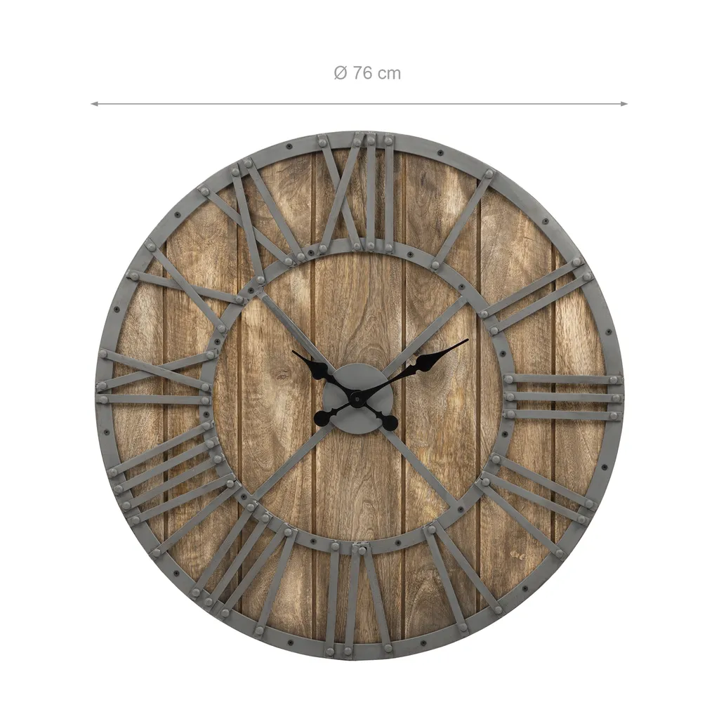 WOMO-DESIGN Große Wanduhr Mit Römische Ziffern, Ø 76 Cm, Grau/Natur, Aus Eisen Und Mangoholz, Im Vintage-Stil, Lautlos, Ohne Tickgeräusche, Designuhr Dekouhr Dekorative Uhr – Bild 4
