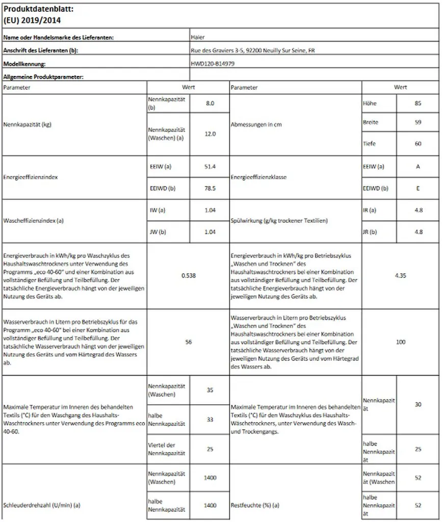 Waschtrockner 12kg Waschen 8kg Trocken XL Trommel HAIER HWD120 B14979 – Bild 11