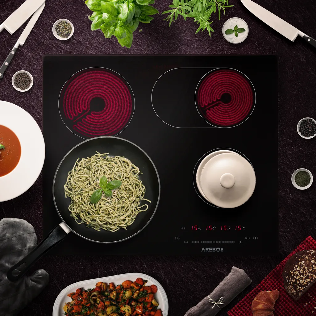 AREBOS Glaskeramikkochfeld, 7200 W, 4 Kochfelder, 59 Cm, Autark, Inkl. Dual-Kochzone Und Bräterzone, Mit Sensor Touch – Bild 2