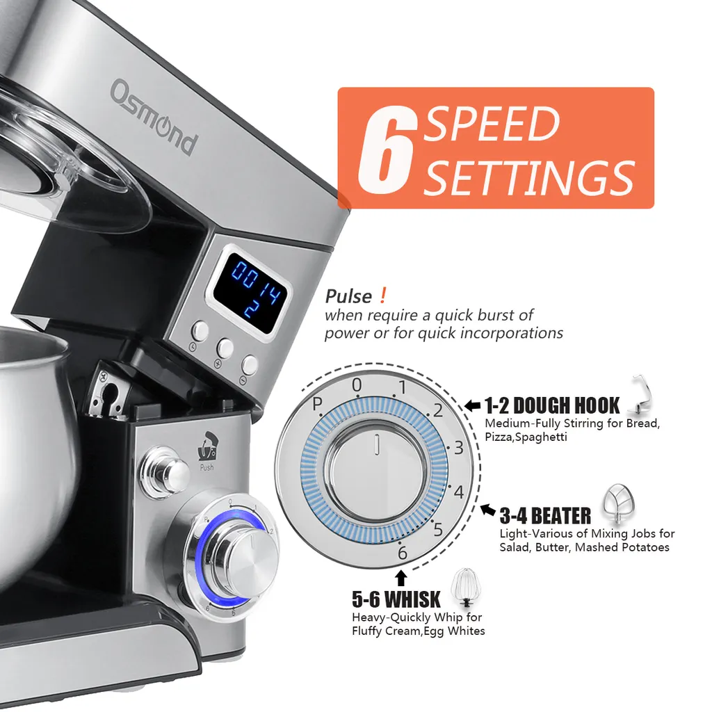 OSMOND 6Gang 5L Küchenmaschine Knetmaschine 1300W LCD StandMixer Edelstahl Rührschüssel Edelstahlschüssel Teigmaschin - Silber – Bild 7